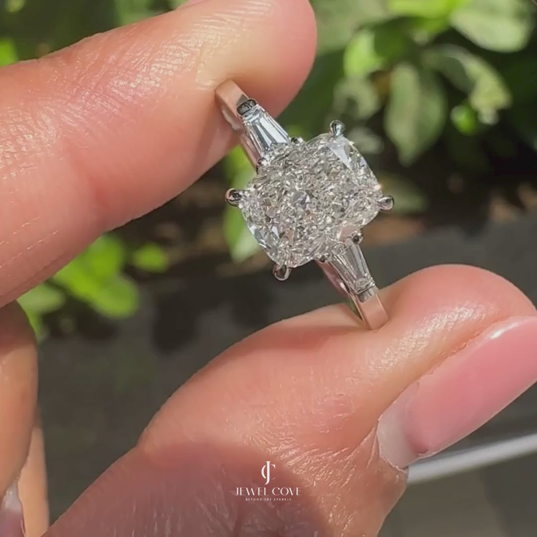3 Stone Lab Grown Engagement Ring With Cushion And Tapered Baguette | IGI Certified