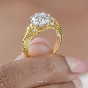 2.5CT Round Vintage Style Diamond Yellow Gold Ring | Moissanite Diamonds | GRA Certified | VVS-VS Clarity