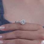 Round Cut Moissanite Diamond Ring with Elegant Swirl Halo and Pave Diamond Band