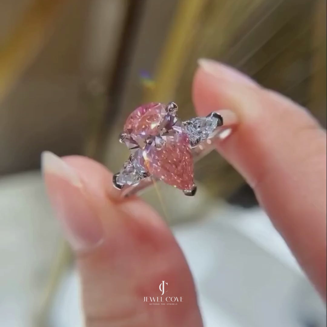 Pear Shape 2.60tcw Fancy Pink Lab Grown Diamond Engagement Ring | Three Stone Ring | 2.50ct Center | IGI Certificate