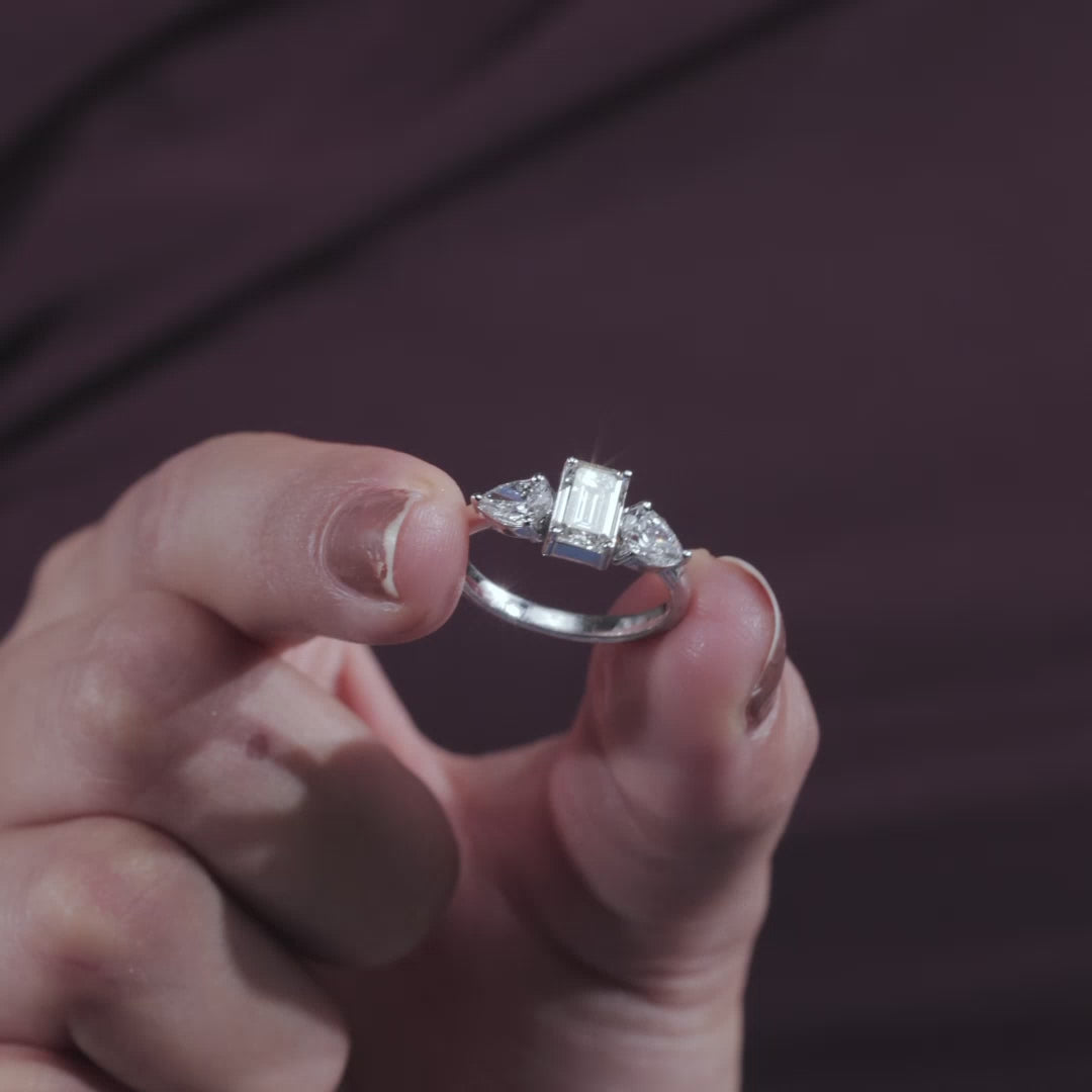 Emerald Cut Lab Grown Diamond Engagement Ring, Three Stone Setting with Pear Shape Side Diamonds