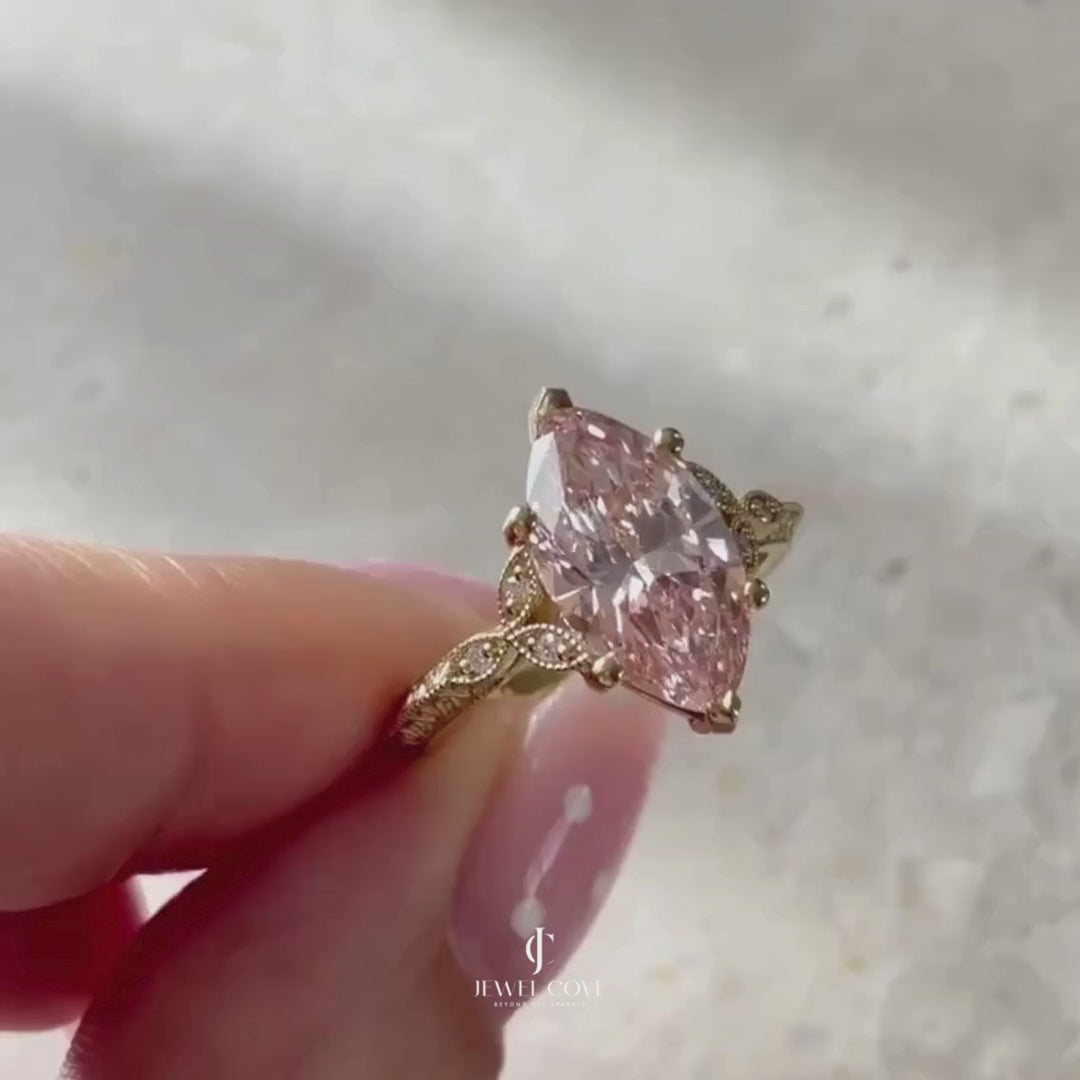 Fancy Pink Marquise 3.10tcw Lab Grown Diamond Vintage Engagement Ring | IGI Certified