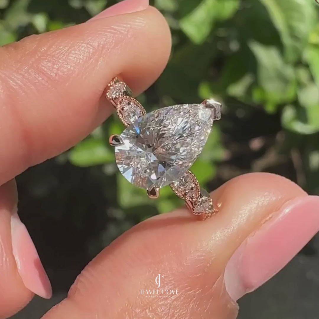 2CT Pear Lab Grown Diamond Vintage Milgrain Pave Set Ring | IGI Certified