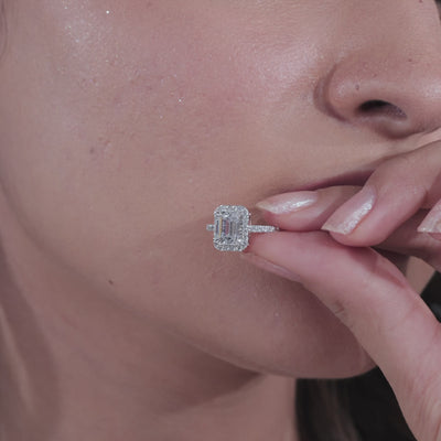 Classic Emerald Moissanite Diamond Halo Ring with Pave Band | Engagement Jewelry