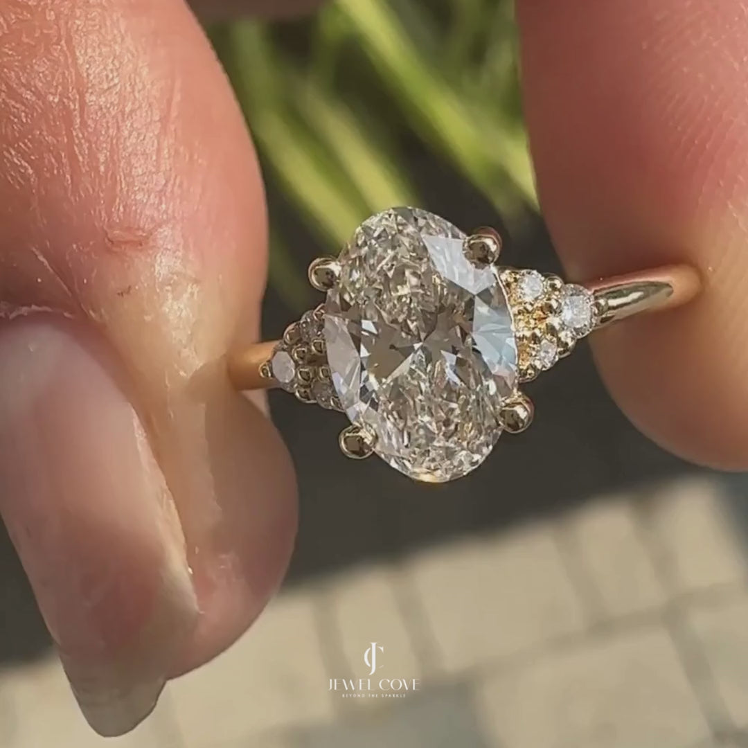 Oval Cut Lab Grown Engagement Ring In Muse Style Cluster Ring | IGI Certified