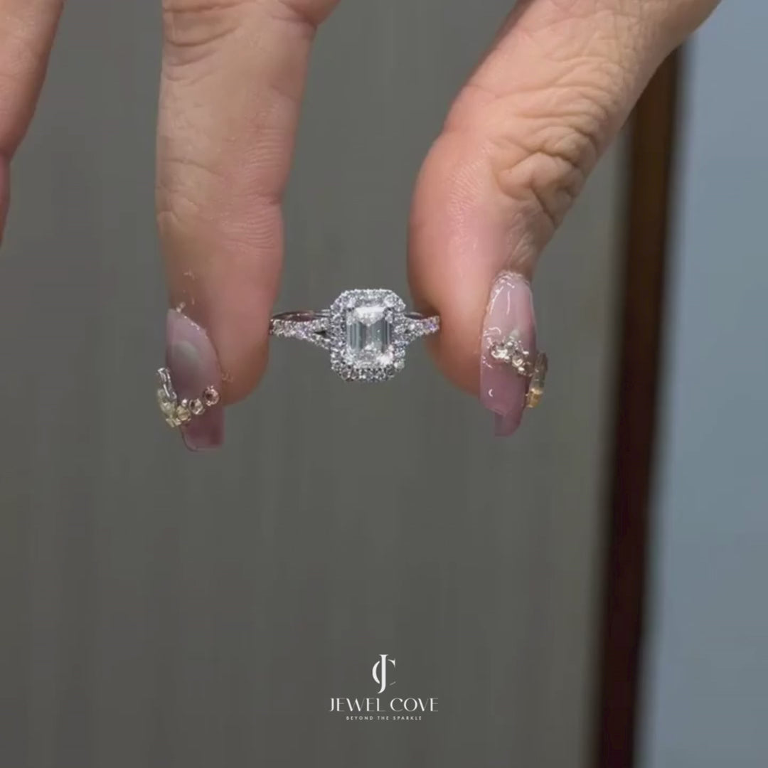 Emerald Halo Twist Shank Diamond Ring | Lab Grown Diamonds | IGI Certified