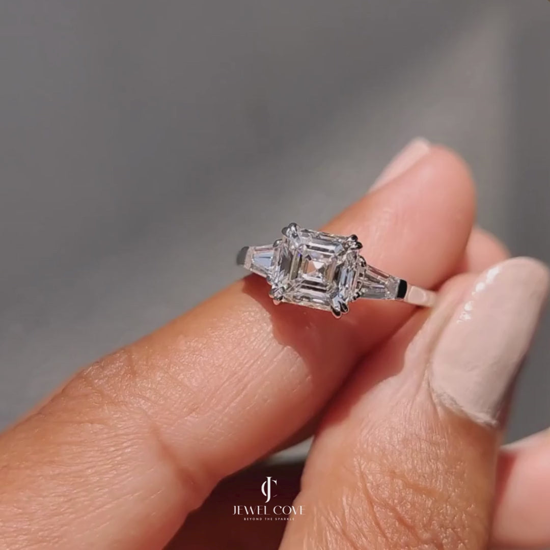 3 Stone Engagement Ring With Asscher and Baguette | Lab Grown Diamonds | IGI Certified