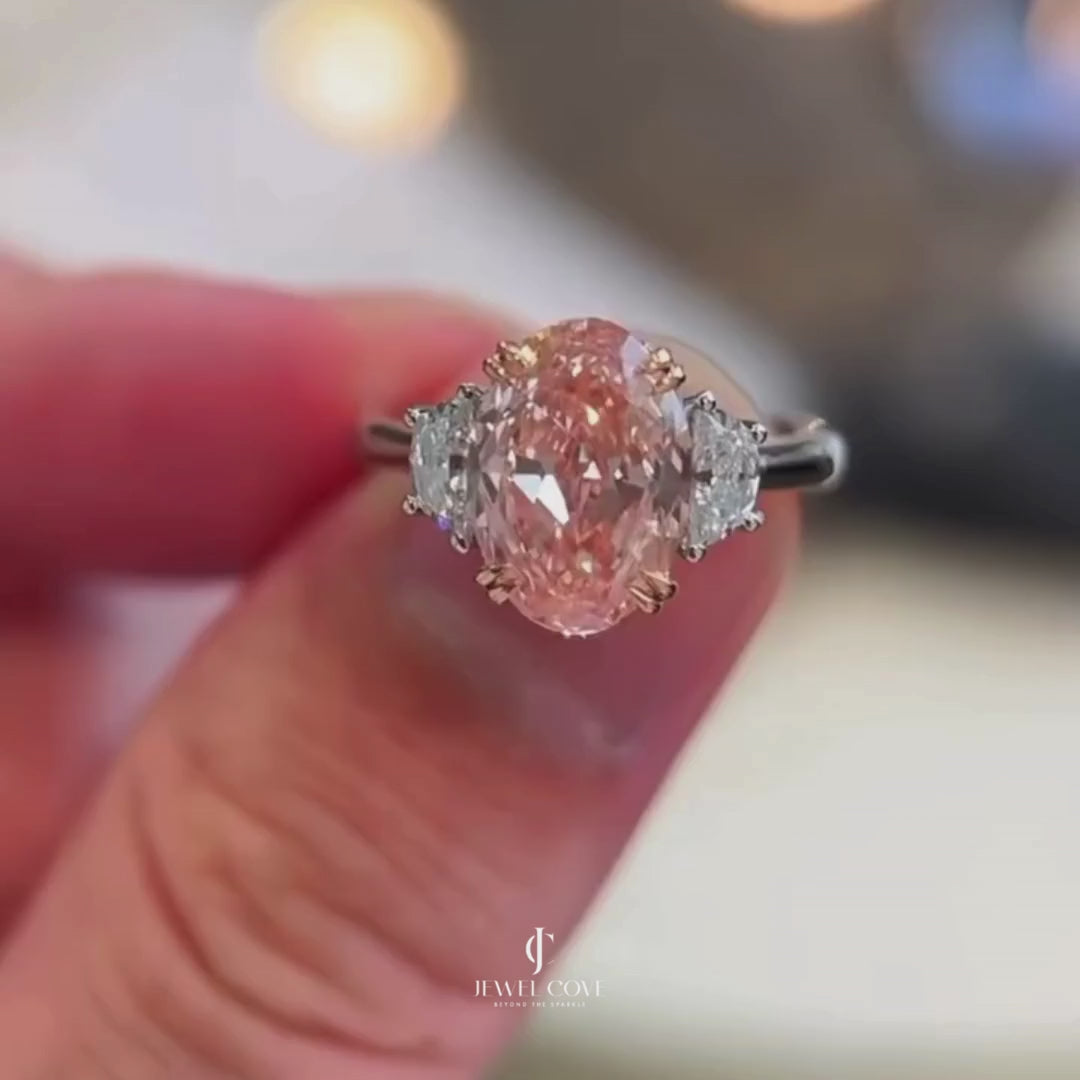 Oval Fancy Pink 3.00tcw Lab Grown Diamond Two Tone Three Stone Engagement Ring, VS Clarity