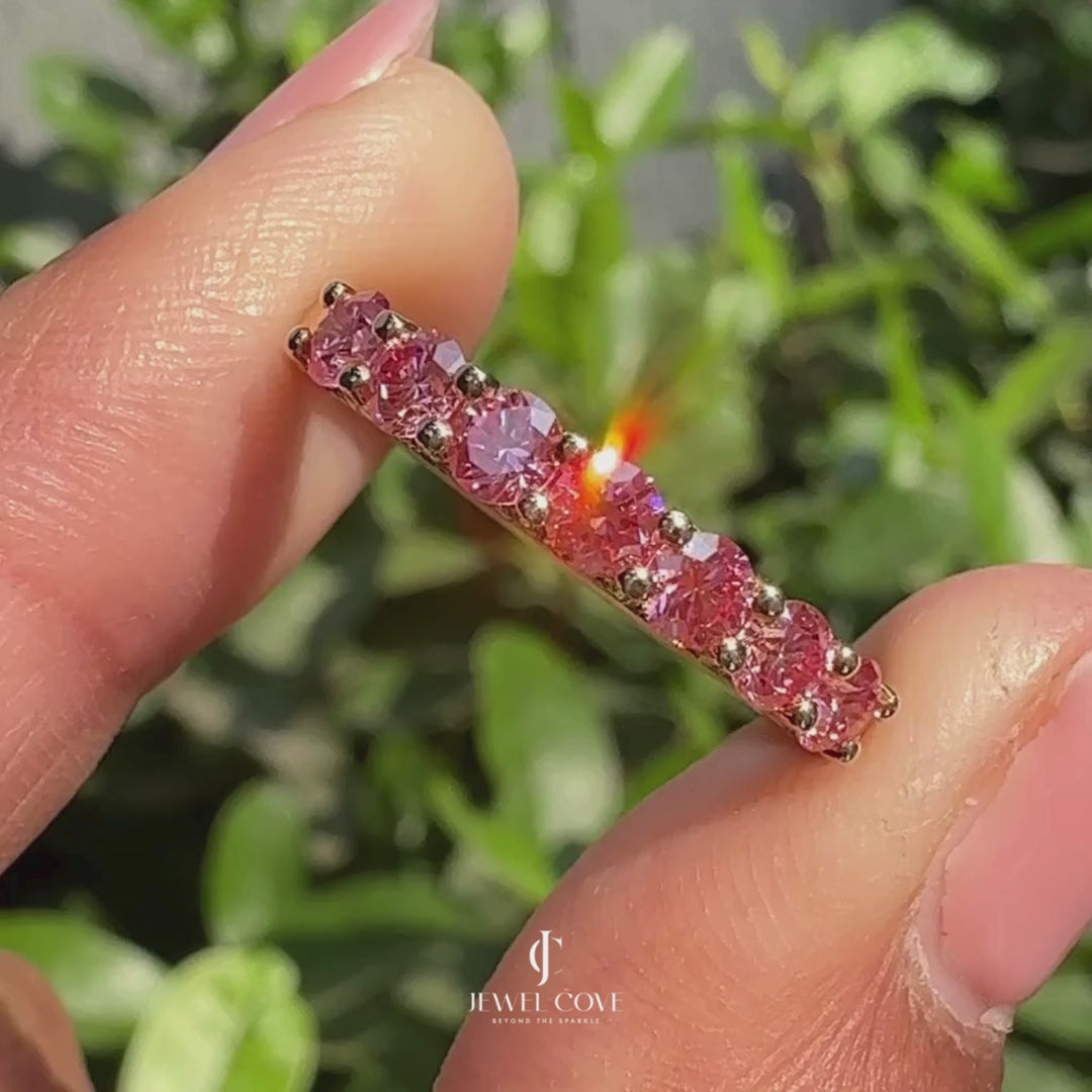 Pink Round lab Grown Diamond Wedding Band in Half Eternity Style | IGI Certificate