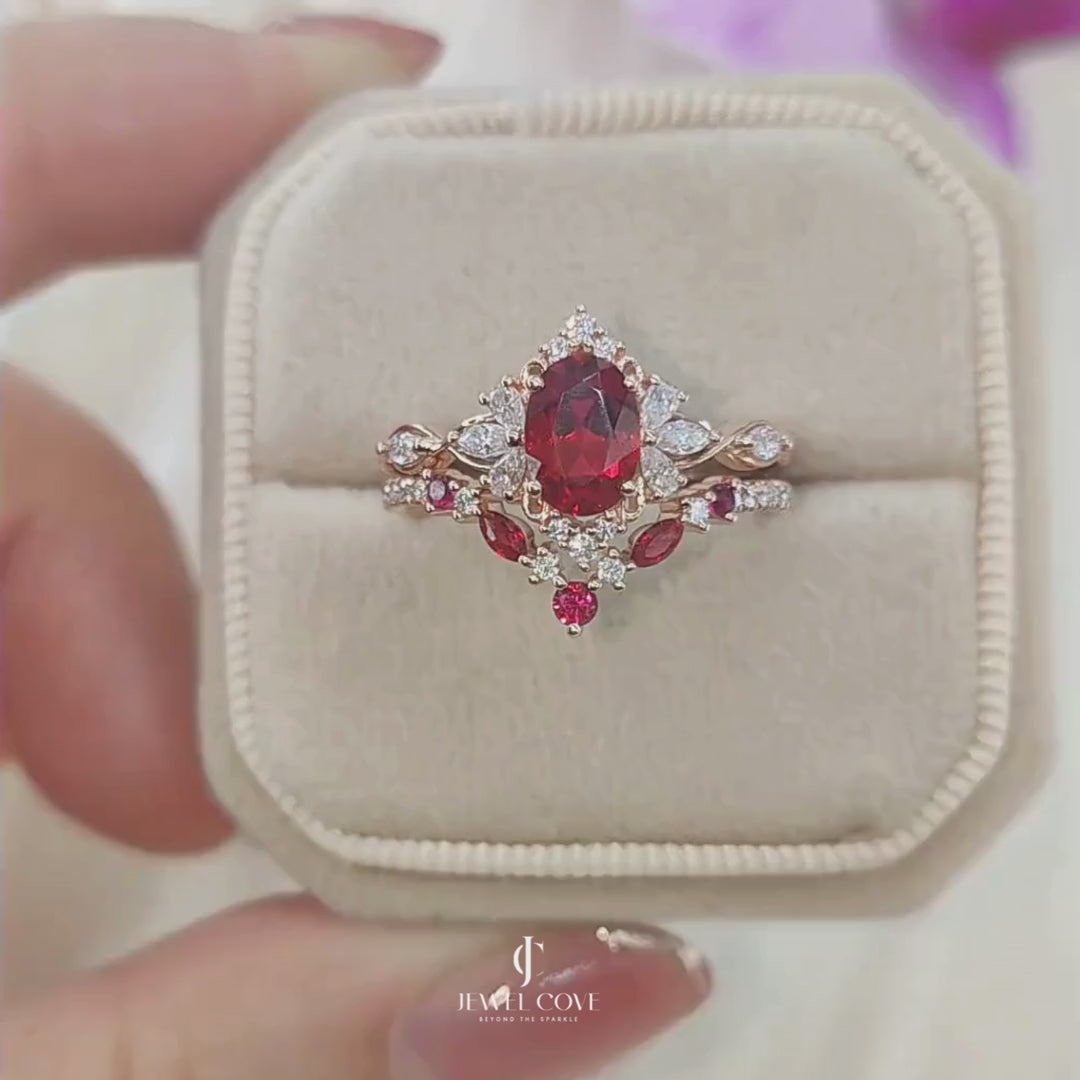 Art Deco Oval Shaped Ruby Gemstone Cluster Bridal Set Rings | Moissanite Diamonds | GRA Certified