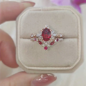 Art Deco Oval Shaped Ruby Gemstone Cluster Bridal Set Rings | Moissanite Diamonds | GRA Certified
