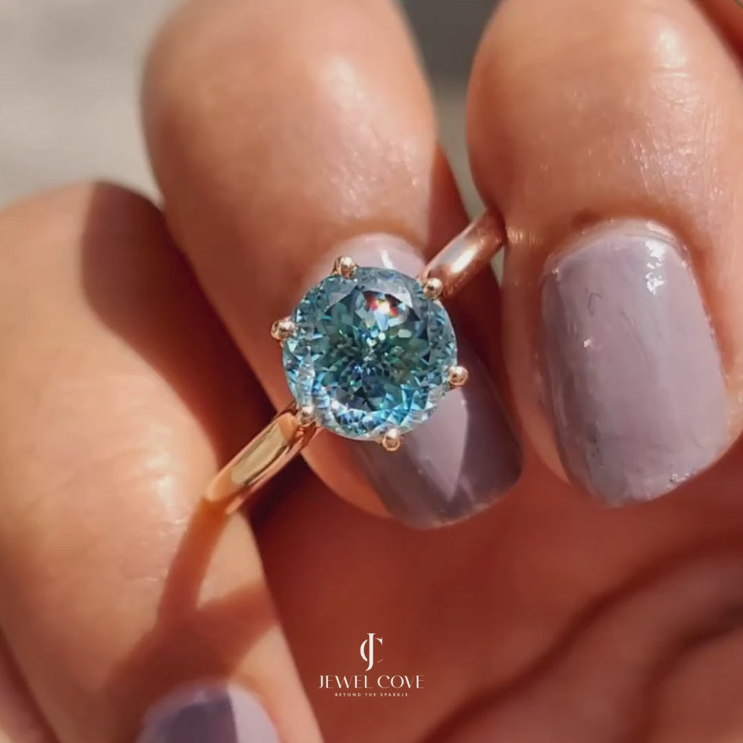 Cyan Blue Portuguese Cut Solitaire Engagement Ring | Lab Grown Diamond | 6 prong Cathedral Ring