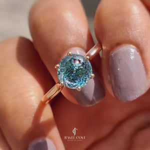 Cyan Blue Portuguese Cut Solitaire Engagement Ring | Lab Grown Diamond | 6 prong Cathedral Ring