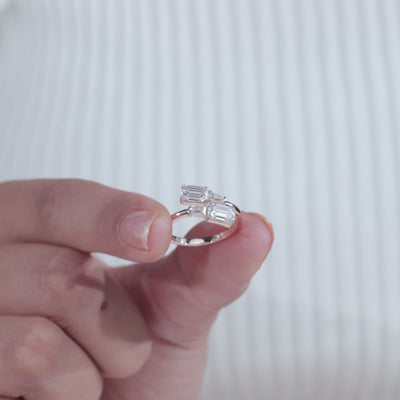 Bypass Moissanite Ring with Emerald-Cut and Tapered Baguette Diamonds, Modern Open-Style Gold Jewelry