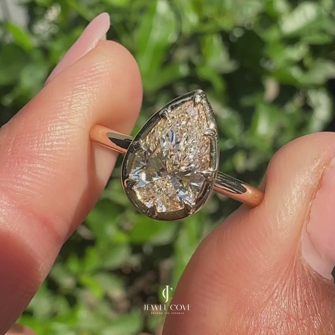 Pear Cut Diamond Ring in Bezel Type Prong Setting | Lab Grown Diamonds | IGI Certified | E-F Color