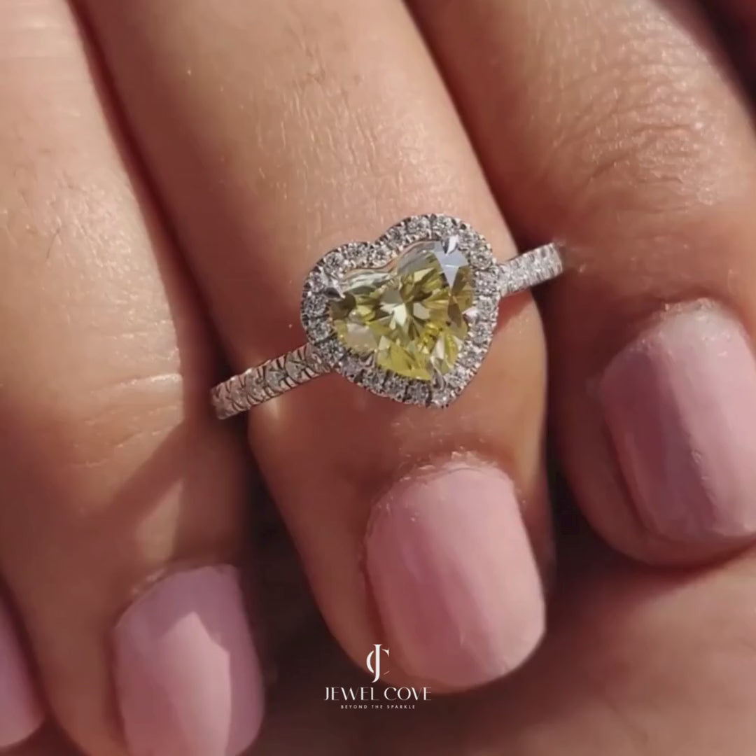 14K Halo Set Canary Yellow Heart Cut lab Grown Engagement Ring | Bezel Setting | IGI Certified