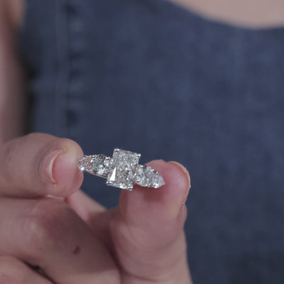 Emerald Cut Moissanite Engagement Ring with Tapered Side Diamonds in White Gold, Elegant Three Stone Ring