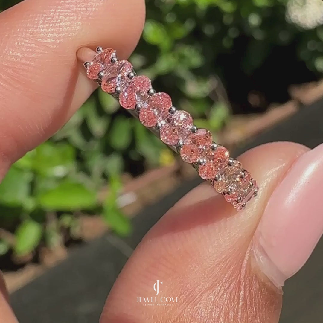Oval Cut Pink Diamond Wedding Band In Half Eternity Style | Lab Grown Diamonds | IGI Certified